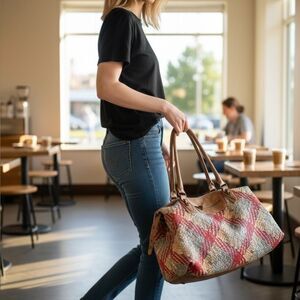 Huge Bueno Stylish Tan and Red Plaid Women's Travel Bag